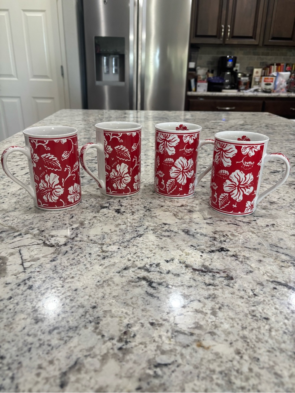 Vintage Eddy Y Hawaii Red Hibiscus Floral Coffee Mugs Set of 4 Tall